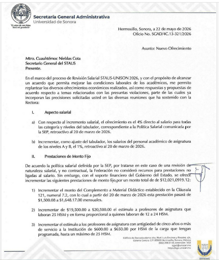 Sindicato universitario de Sonora recibe nueva propuesta salarial de la administración para 2026