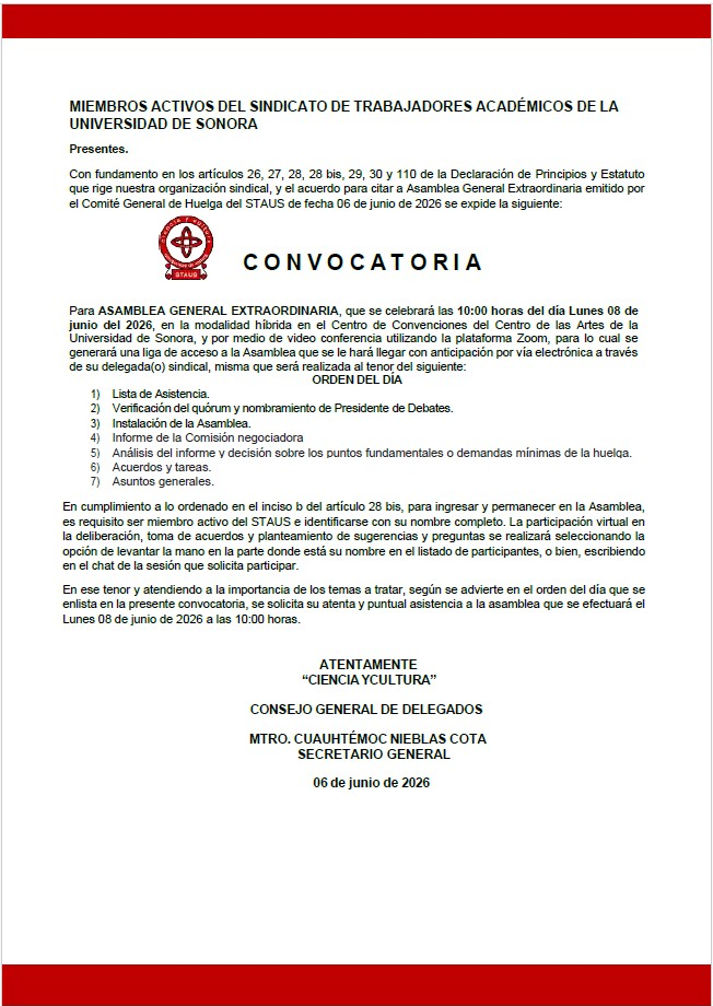 STAUS convoca a asamblea sindical extraordinaria en Universidad de Sonora para lunes