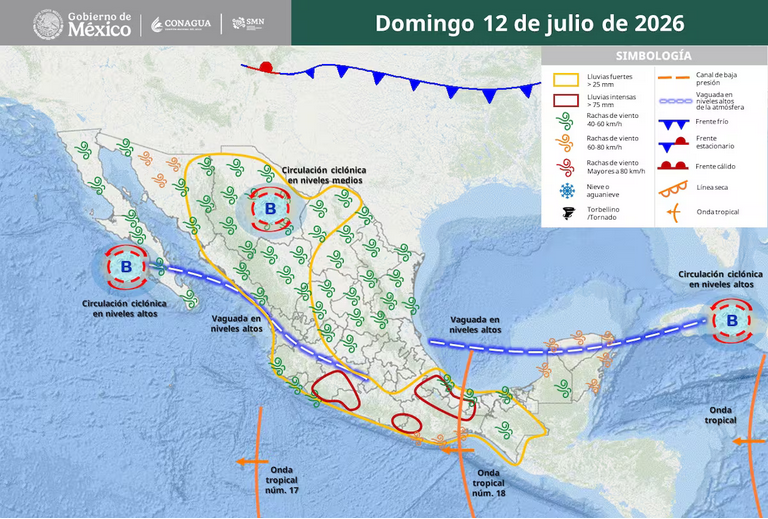 Lluvias torrenciales de hasta 150 mm, tormentas eléctricas y granizo azotarán varios estados del país del 13 al 15 de julio, según el SMN